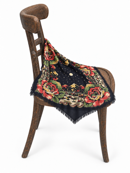 Starry Night | 1940s Fringed Rayon Square Scarf