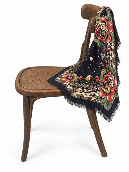 Starry Night | 1940s Fringed Rayon Square Scarf