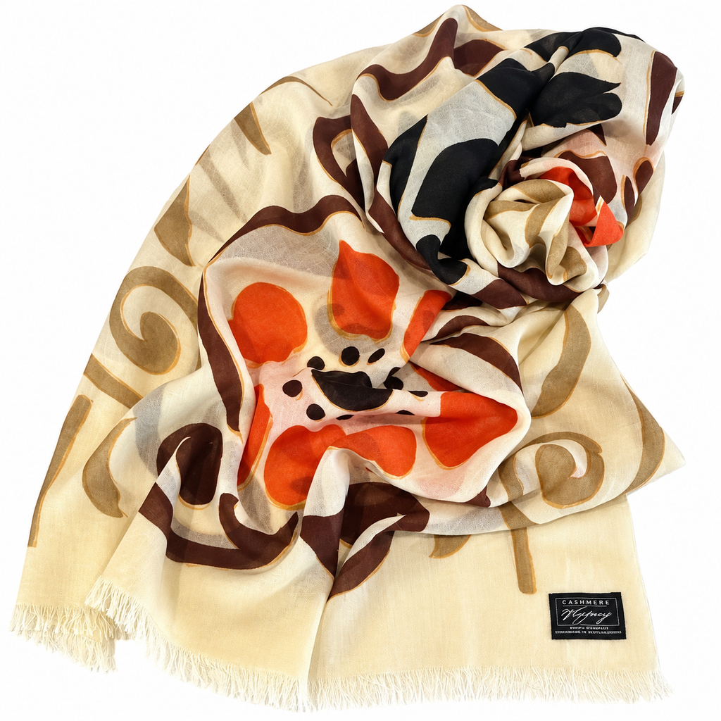 Mod Bloom Cashmere Scarf | Persimmon & Espresso