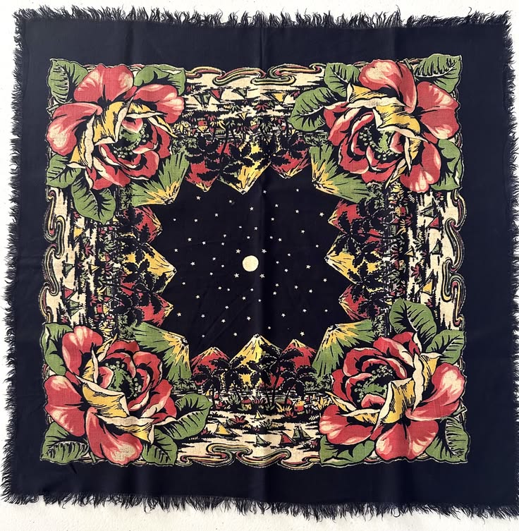 Starry Night | 1940s Fringed Rayon Square Scarf