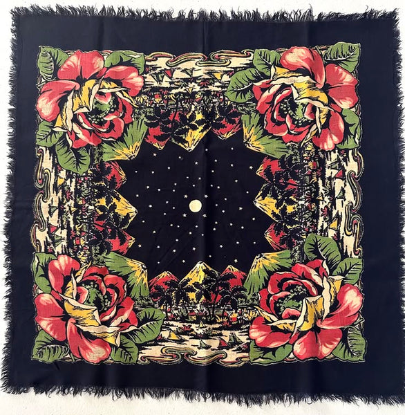 Starry Night | 1940s Fringed Rayon Square Scarf