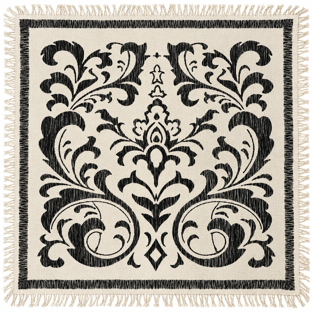Black and ivory 48-inch square fine Merino wool scarf featuring an oversized botanical damask print and hand-knotted fringe on all four sides.