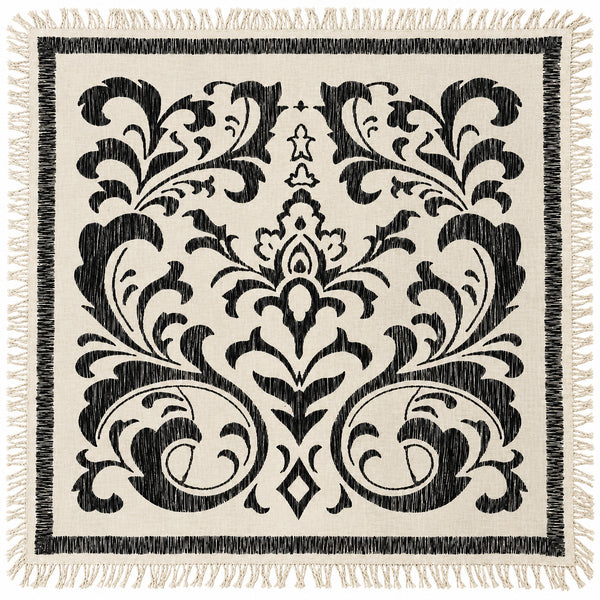 Black and ivory 48-inch square fine Merino wool scarf featuring an oversized botanical damask print and hand-knotted fringe on all four sides.