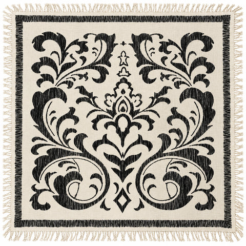 Black and ivory 48-inch square fine Merino wool scarf featuring an oversized botanical damask print and hand-knotted fringe on all four sides.